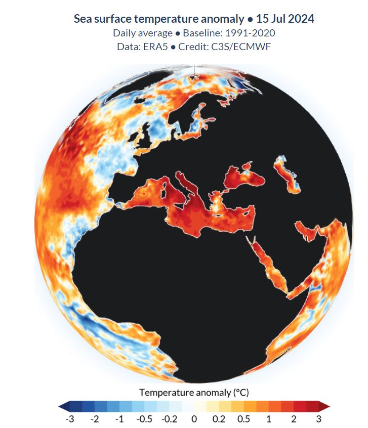 Anomalie di temperatura Mar Mediterraneo-Copernicus